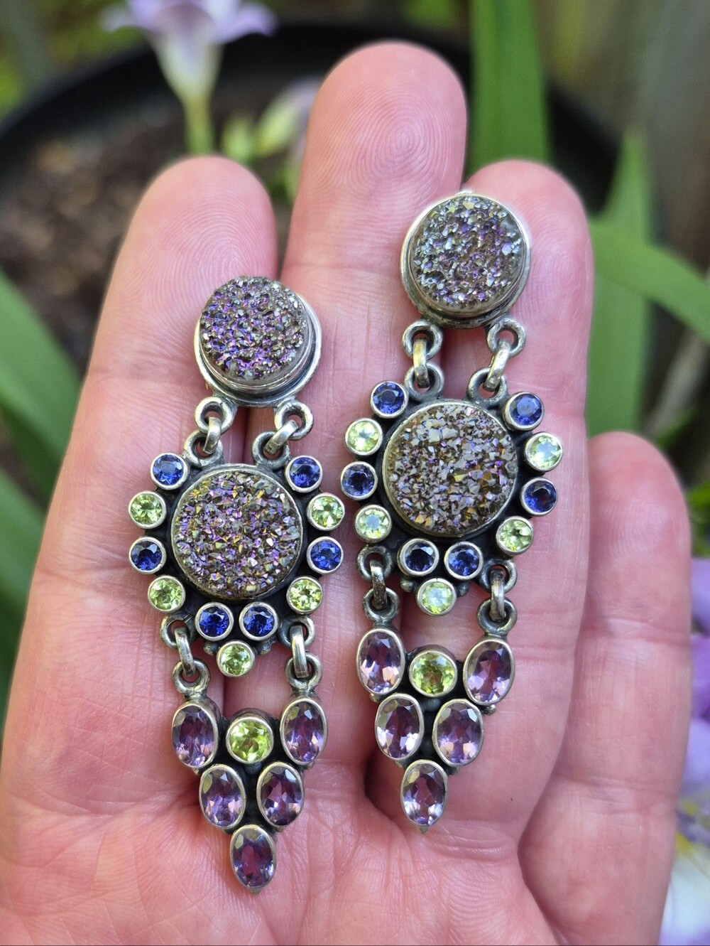 Nicky Butler Amethyst Peridot Iolite Druzy Sterling Silver Statement Earrings